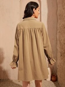 SHEIN 素色荷葉袖襯衫洋裝 - 卡其色 - 查看 2