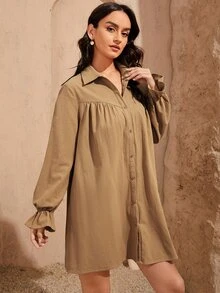 SHEIN 素色荷葉袖襯衫洋裝 - 卡其色 - 查看 3