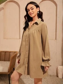 SHEIN 素色荷葉袖襯衫洋裝 - 卡其色 - 查看 5