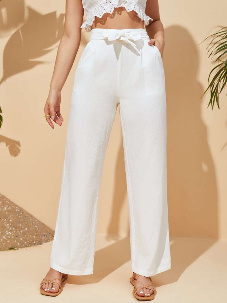 SHEIN VCAY Solid Belted Wide Leg Pants - White - View 1