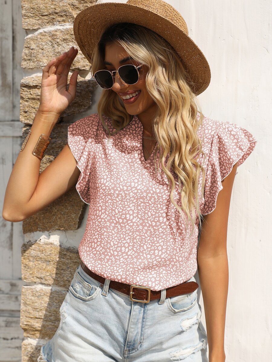 SHEIN Unity 滿版印花缺口領蝴蝶袖襯衫 - 粉色 - 查看 1