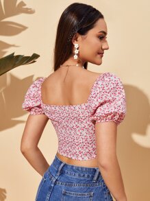 Soleia Áo sơ mi nữ Thắt nơ trước Nếp gấp Phần Ngực Họa tiết hoa Boho - Màu Hồng baby - Xem 2