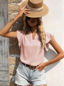 SHEIN Unity 滿版印花缺口領蝴蝶袖襯衫 - 粉色 - 查看 3