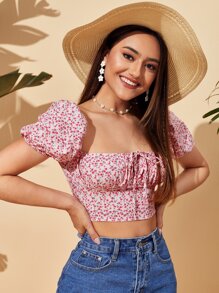 Soleia Áo sơ mi nữ Thắt nơ trước Nếp gấp Phần Ngực Họa tiết hoa Boho - Màu Hồng baby - Xem 4