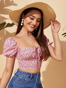 Soleia Áo sơ mi nữ Thắt nơ trước Nếp gấp Phần Ngực Họa tiết hoa Boho - Màu Hồng baby - Xem 6