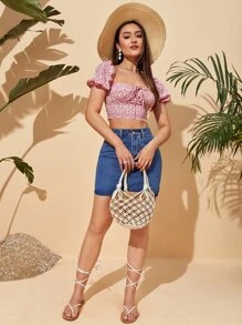 Soleia Áo sơ mi nữ Thắt nơ trước Nếp gấp Phần Ngực Họa tiết hoa Boho - Màu Hồng baby - Xem 7