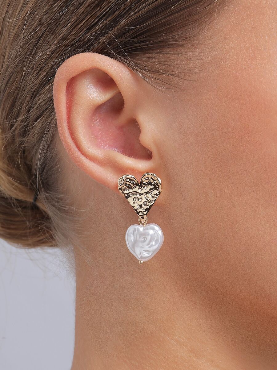 Bông tai thả trái tim bằng ngọc trai giả - Vàng - Xem 1