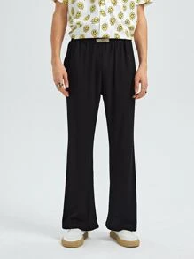 Manfinity Hombres Pantalones acampanados con parche - Negro - Ver 1