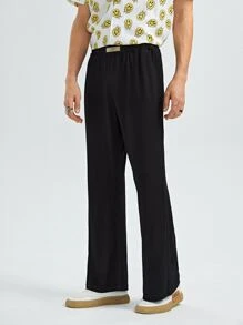 Manfinity Hombres Pantalones acampanados con parche - Negro - Ver 4