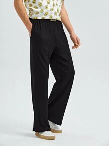 Manfinity Hombres Pantalones acampanados con parche - Negro - Ver 5