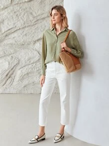 MOTF PREMIUM Áo sơ mi Sợi viscose Thẳng - Màu xanh Bạc hà - Xem 5