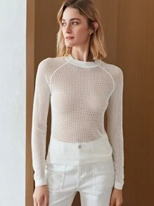 MOTF PREMIUM 粘膠纖維鏤空針織套頭毛衣 - 白色 - 查看 11