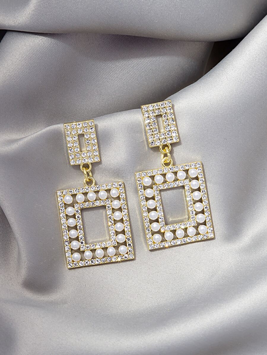 水鑽和人造珍珠裝飾幾何耳墜 - 彩色 - 查看 1