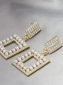 水鑽和人造珍珠裝飾幾何耳墜 - 彩色 - 查看 4