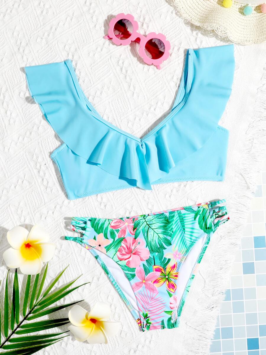 SHEIN Tween Girl Tropical Print Ruffle Trim Bikini Set Summer Beach - Multicolor - View 1