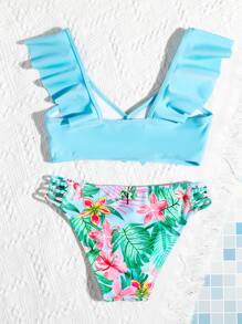 SHEIN Tween Girl Tropical Print Ruffle Trim Bikini Set Summer Beach - Multicolor - View 2