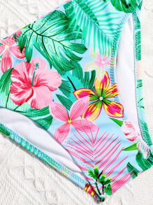 SHEIN Tween Girl Tropical Print Ruffle Trim Bikini Set Summer Beach - Multicolor - View 5