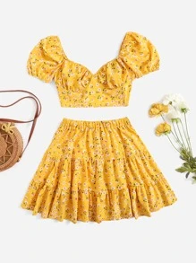 Soleia Ditsy Floral Tie Back Top & Ruffle Hem Skirt Set - Yellow - View 1