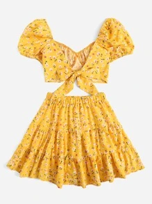 Soleia Ditsy Floral Tie Back Top & Ruffle Hem Skirt Set - Yellow - View 2