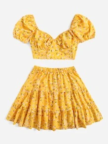 Soleia Ditsy Floral Tie Back Top & Ruffle Hem Skirt Set - Yellow - View 4
