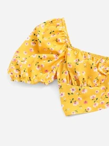 Soleia Ditsy Floral Tie Back Top & Ruffle Hem Skirt Set - Yellow - View 5