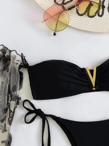 Bikini con manga de tul bordado en forma de V - Negro - Ver 4