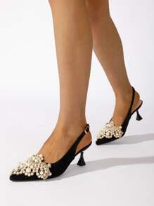 Pearl Decor Pyramid Heeled Slingback Pumps - Black - View 4