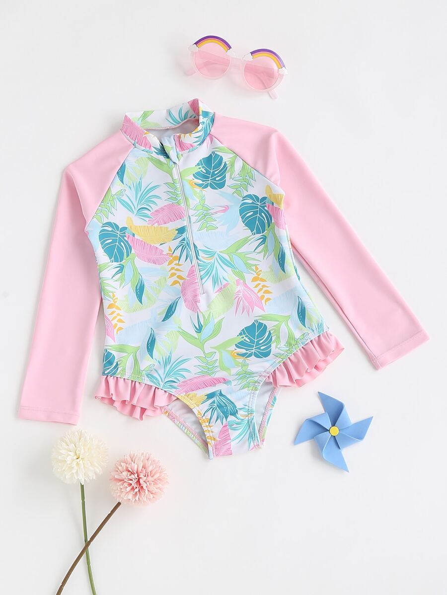 SHEIN Traje De Baño De Una Pieza Con Manga Raglán, Ribete De Volantes Y Estampado Tropical Para Niñas Jóvenes - Multicolor - Ver 1