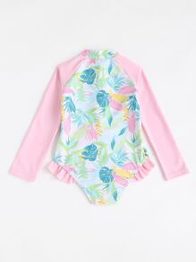 SHEIN Traje De Baño De Una Pieza Con Manga Raglán, Ribete De Volantes Y Estampado Tropical Para Niñas Jóvenes - Multicolor - Ver 2