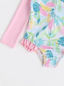 SHEIN Traje De Baño De Una Pieza Con Manga Raglán, Ribete De Volantes Y Estampado Tropical Para Niñas Jóvenes - Multicolor - Ver 3