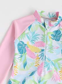 SHEIN Traje De Baño De Una Pieza Con Manga Raglán, Ribete De Volantes Y Estampado Tropical Para Niñas Jóvenes - Multicolor - Ver 4