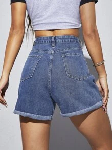 SHEIN EZwear Rolled Hem Wide Leg Denim Shorts - Medium Wash - View 2