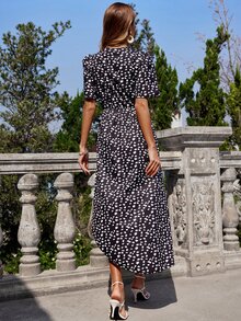 斑點印花交疊領不對稱下擺連衣裙 - 黑色 - 查看 2