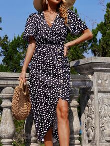 斑點印花交疊領不對稱下擺連衣裙 - 黑色 - 查看 6