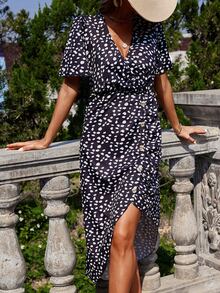 斑點印花交疊領不對稱下擺連衣裙 - 黑色 - 查看 4