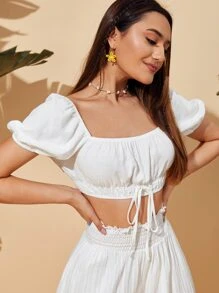 泡泡袖抽繩下擺短款上衣 - 白色 - 查看 7
