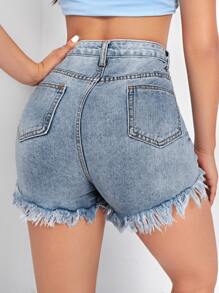 High-rise Ripped Raw Hem Denim Shorts - Light Wash - View 3