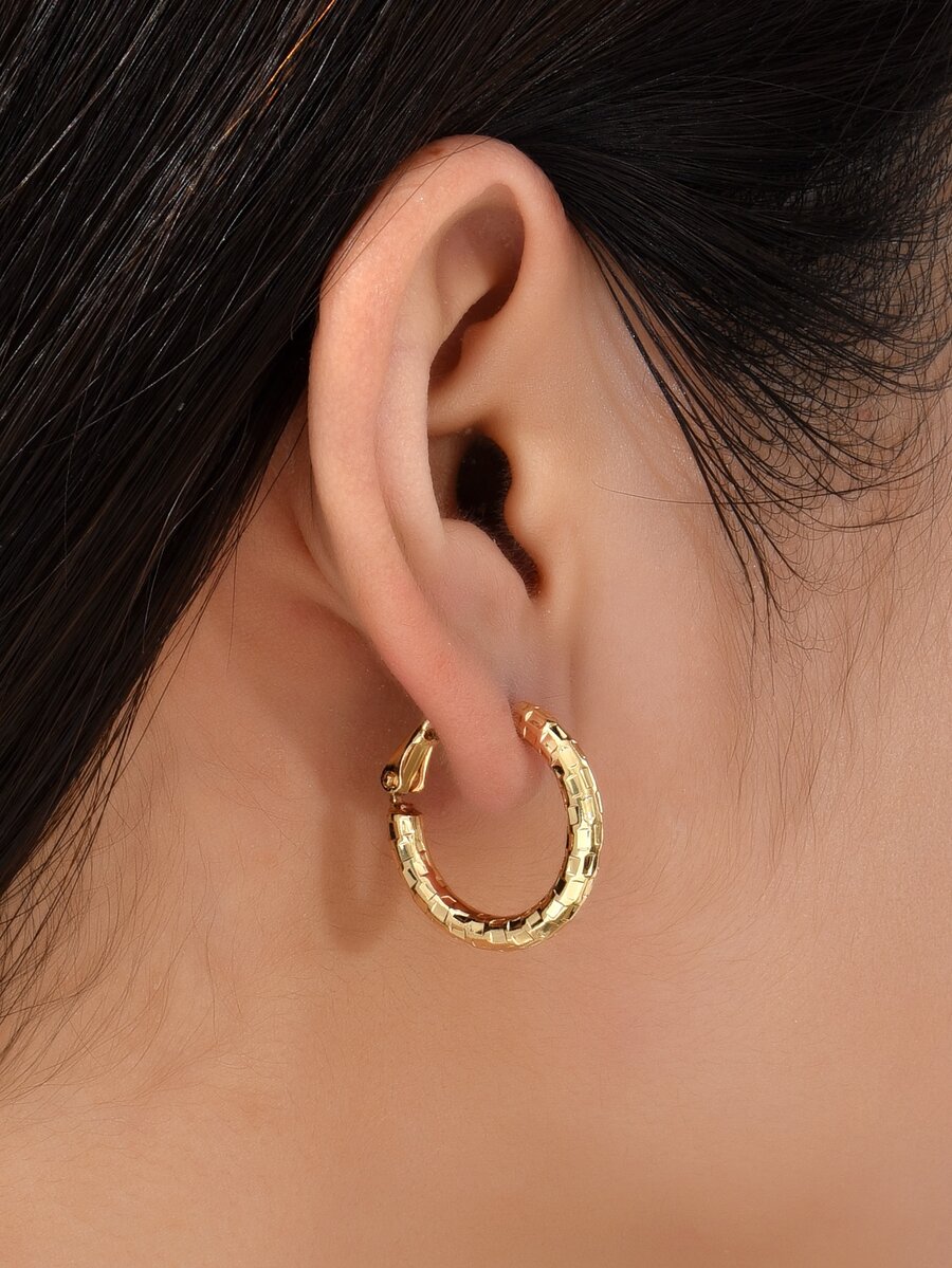 Textured Metal Hoop Earrings - Yellow Gold - View 1