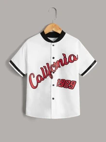 SHEIN 男孩字母圖案棒球領織帶拼接襯衫 - 白色 - 查看 1
