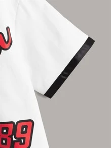 SHEIN 男孩字母圖案棒球領織帶拼接襯衫 - 白色 - 查看 4