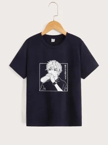 SHEIN Boys Figure and Japanese Print Tee - Navy Blue - View 1