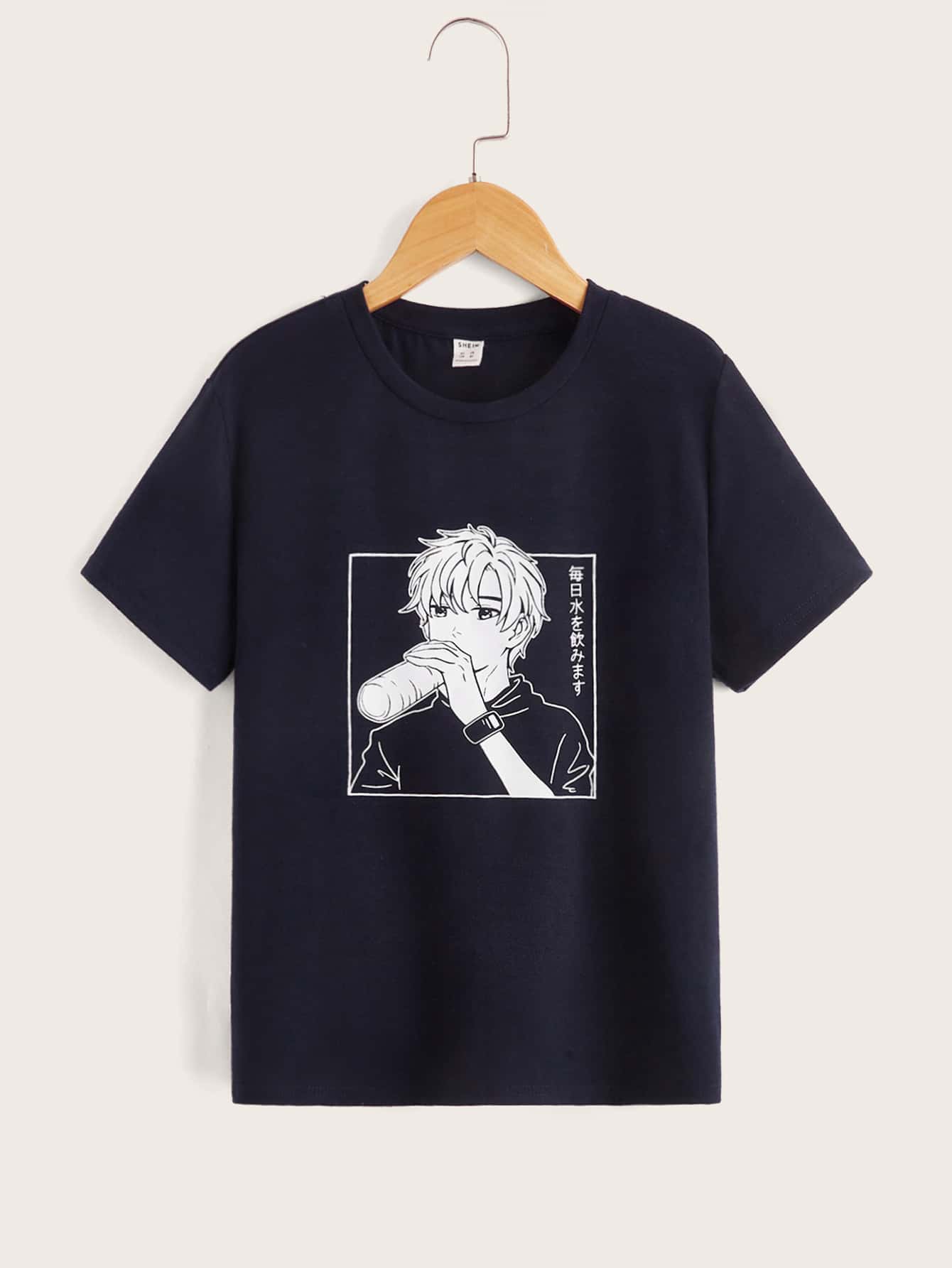 SHEIN Boys Figure and Japanese Print Tee - Navy Blue - View 1