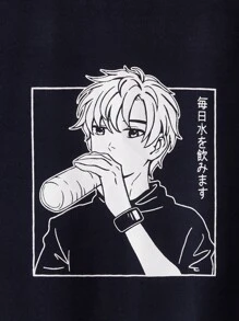 SHEIN Boys Figure and Japanese Print Tee - Navy Blue - View 4
