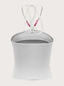 SHEIN ICON 90s Letter & Floral Print Backless Halter Top - White - View 2