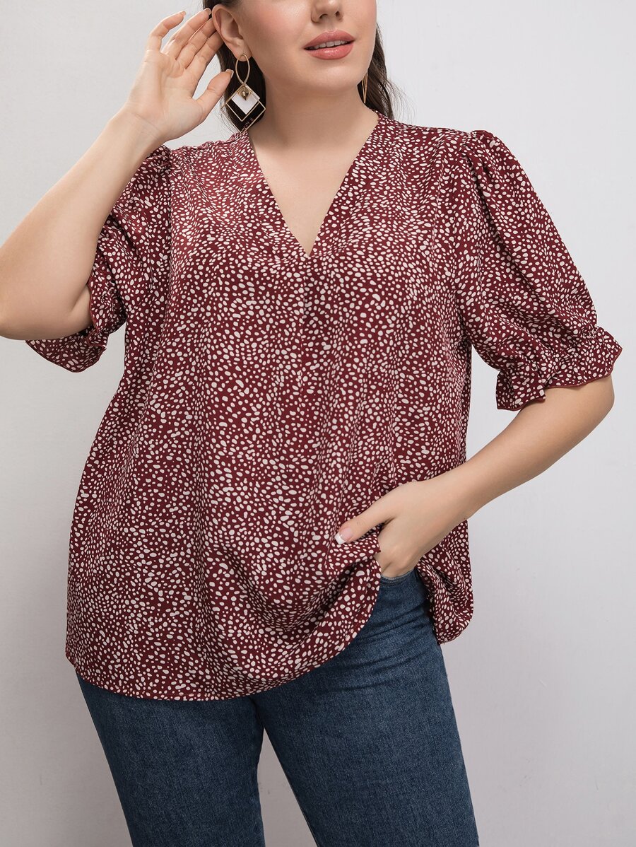 SHEIN LUNE Áo sơ mi Plus Size Xù Tất cả trên in Giải trí - Đỏ - Xem 1
