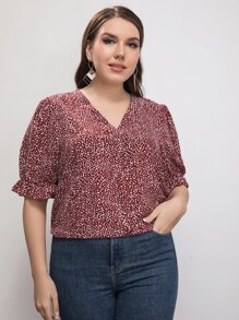 SHEIN LUNE Áo sơ mi Plus Size Xù Tất cả trên in Giải trí - Đỏ - Xem 5