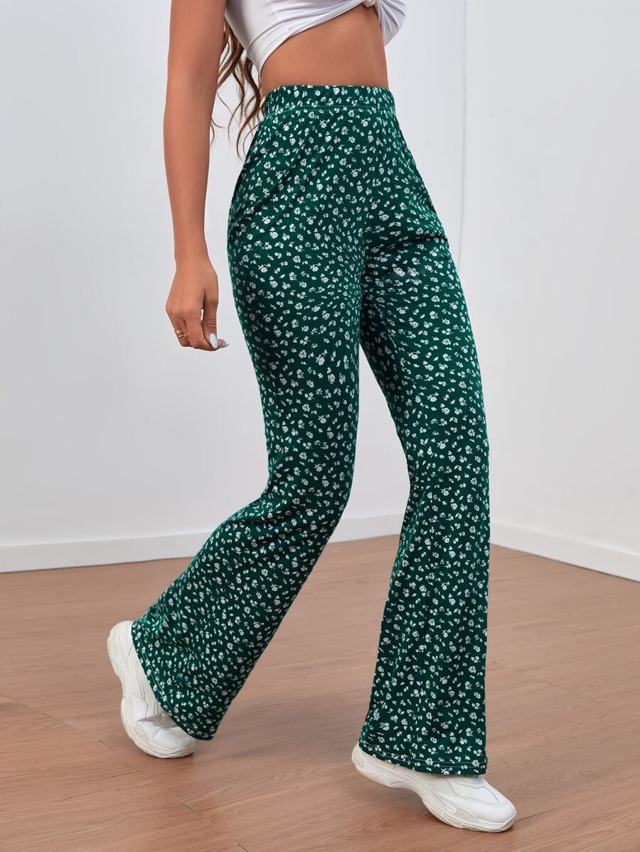 SHEIN VCAY Ditsy Floral Flare Leg Pants - Green - View 1