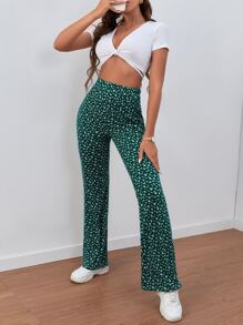 SHEIN VCAY Ditsy Floral Flare Leg Pants - Green - View 3