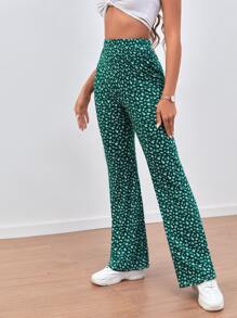 SHEIN VCAY Ditsy Floral Flare Leg Pants - Green - View 4