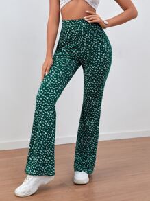 SHEIN VCAY Ditsy Floral Flare Leg Pants - Green - View 5